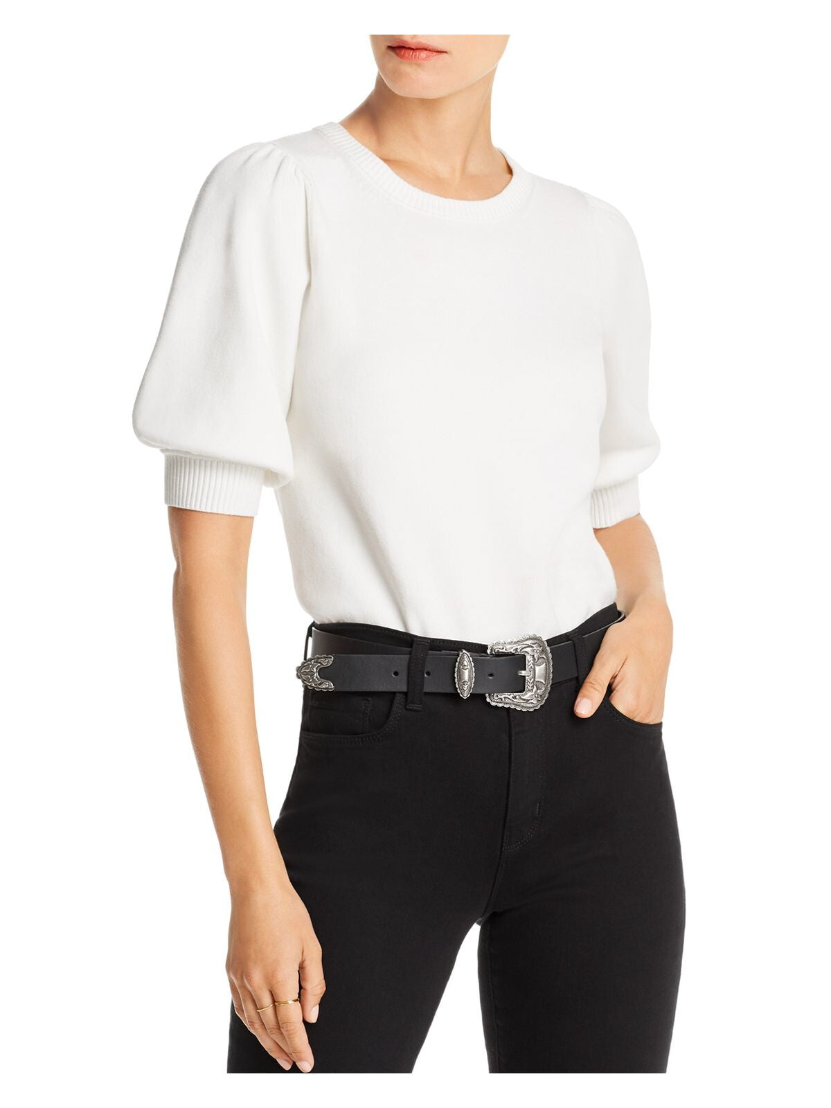 LINI Womens Crew Neck Bishop Sleeve Ribbed Trim Crop Top Sweater