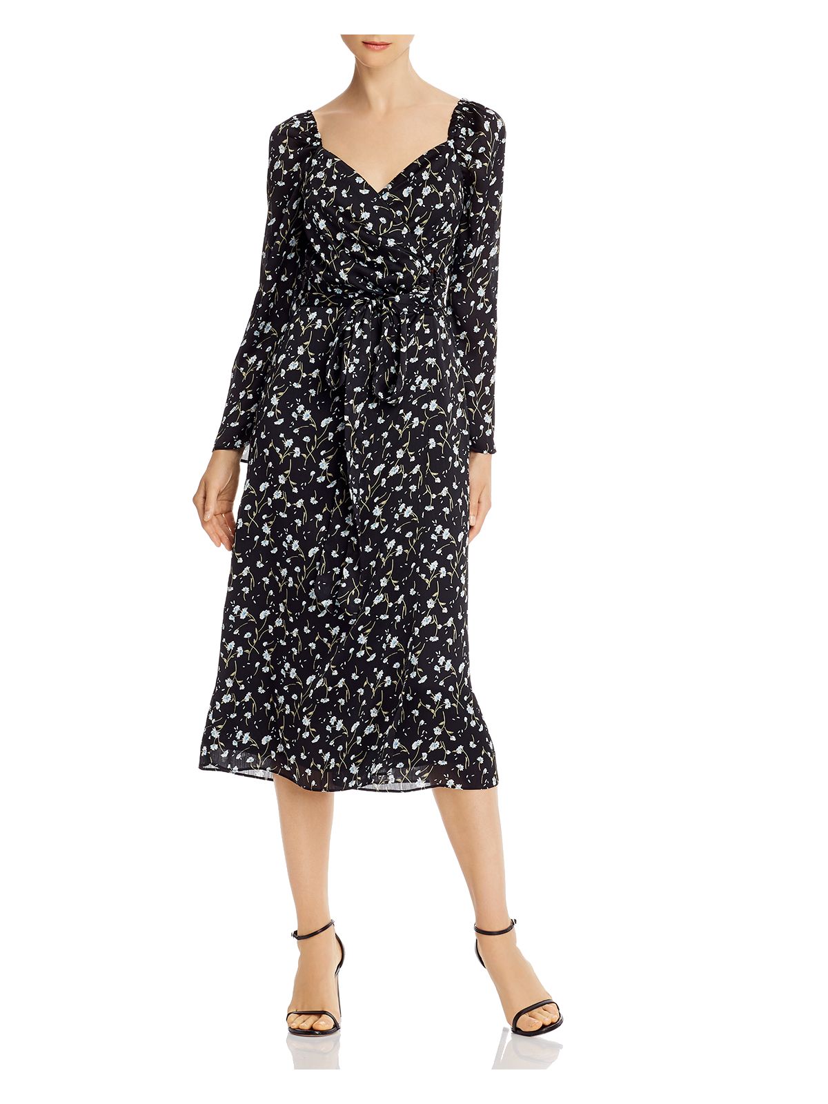 THE EAST ORDER Womens Black Floral Pouf V Neck Midi Wrap Dress M