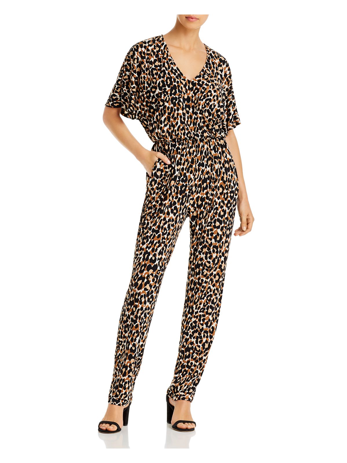 LEOTA Womens Brown Stretch Animal Print Short Sleeve V Neck Evening Straight leg Jumpsuit S