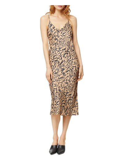 HABITUAL Womens Beige Animal Print Spaghetti Strap V Neck Midi Body Con Dress S