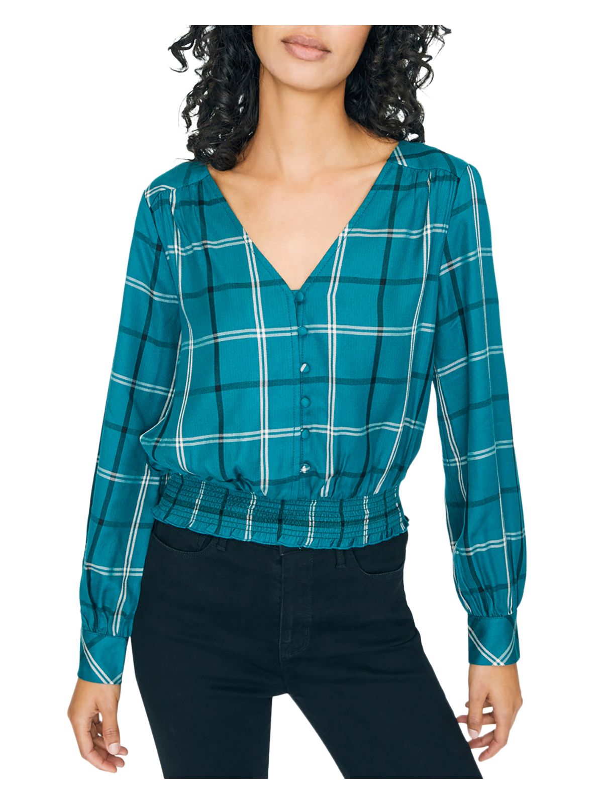 SANCTUARY Womens Teal Plaid Long Sleeve V Neck Top XXL