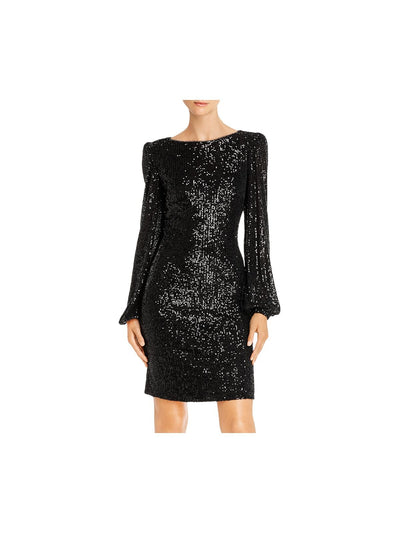 AQUA Womens Black Cut Out Sequined Long Sleeve Jewel Neck Short Cocktail Sheath Dress 6