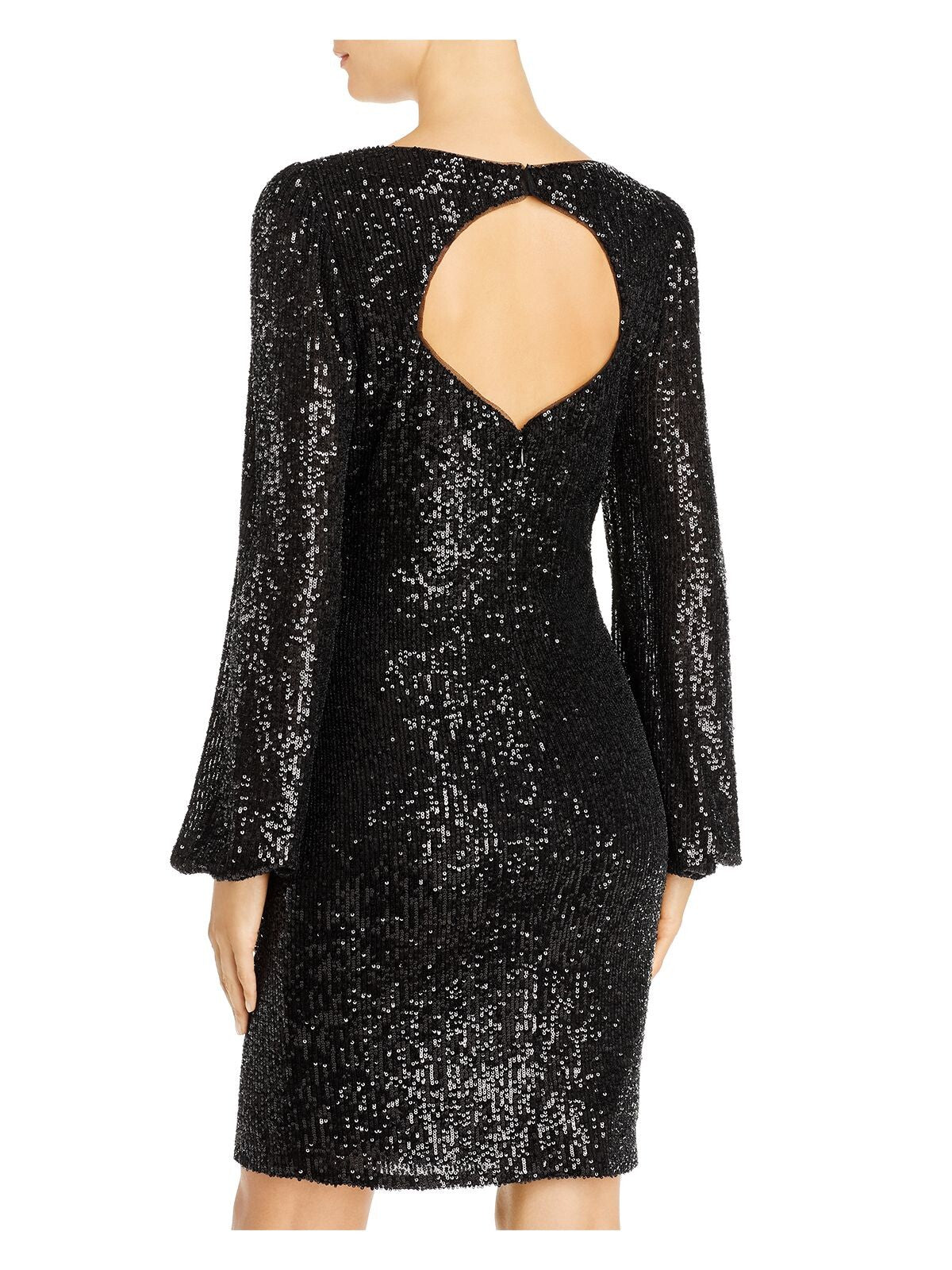 AQUA Womens Black Cut Out Sequined Long Sleeve Jewel Neck Short Cocktail Sheath Dress 0