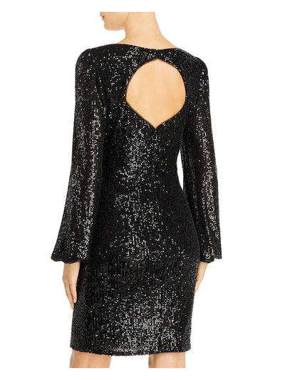 AQUA Womens Cut Out Sequined Long Sleeve Jewel Neck Short Cocktail Sheath Dress