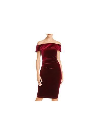 AQUA FORMAL Womens Burgundy Zippered Ruched Velvet Short Sleeve Off Shoulder Knee Length Cocktail Sheath Dress 14