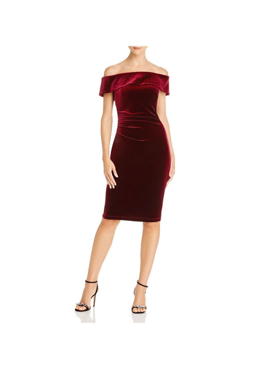 AQUA FORMAL Womens Burgundy Zippered Ruched Velvet Short Sleeve Off Shoulder Knee Length Cocktail Sheath Dress 14