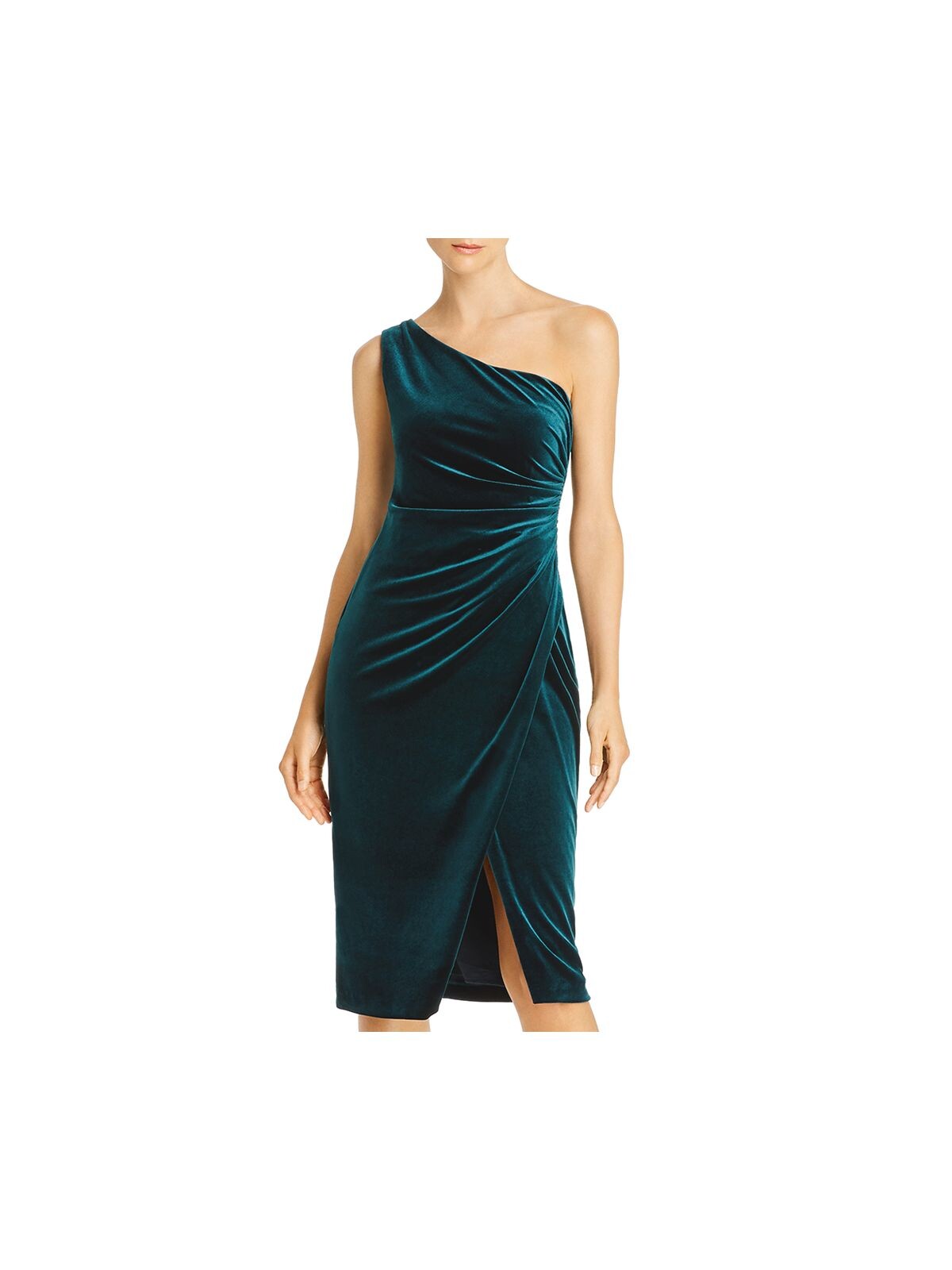 AQUA DRESSES Womens Green Sleeveless Asymmetrical Neckline Below The Knee Party Wrap Dress 2