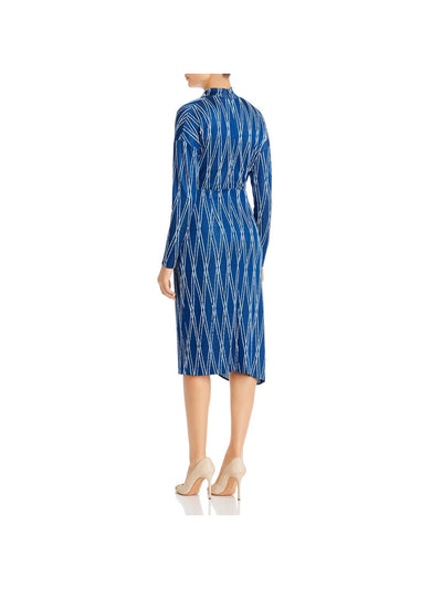 HUGO BOSS Womens Blue Stretch Zippered Asymmetrical Hem Lined Printed Long Sleeve Mock Neck Below The Knee Wear To Work Tulip Dress S