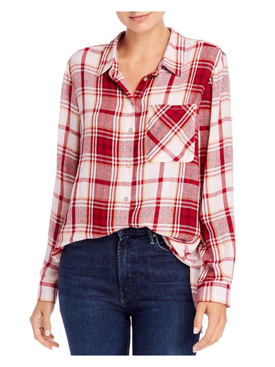 AQUA Womens Red Tartan Plaid Cuffed Collared Button Up Top Size: XS