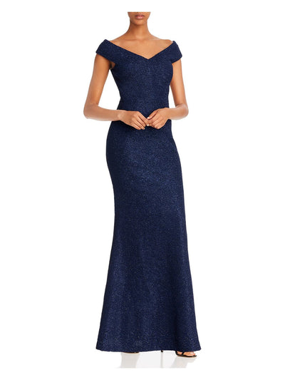 ELIZA J Womens Navy Glitter Short Sleeve V Neck Full-Length Formal Sheath Dress Juniors 12