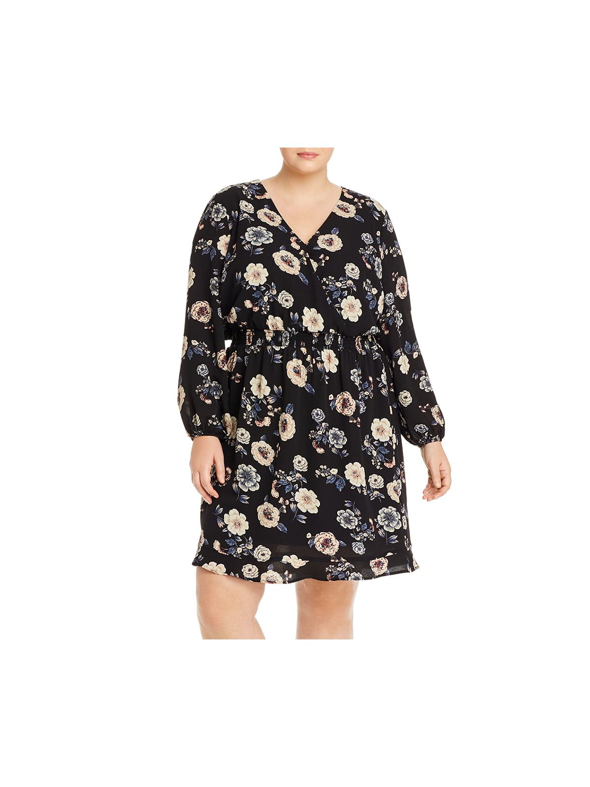 AQUA Womens Black Floral Long Sleeve V Neck Above The Knee Shift Dress Plus 3X