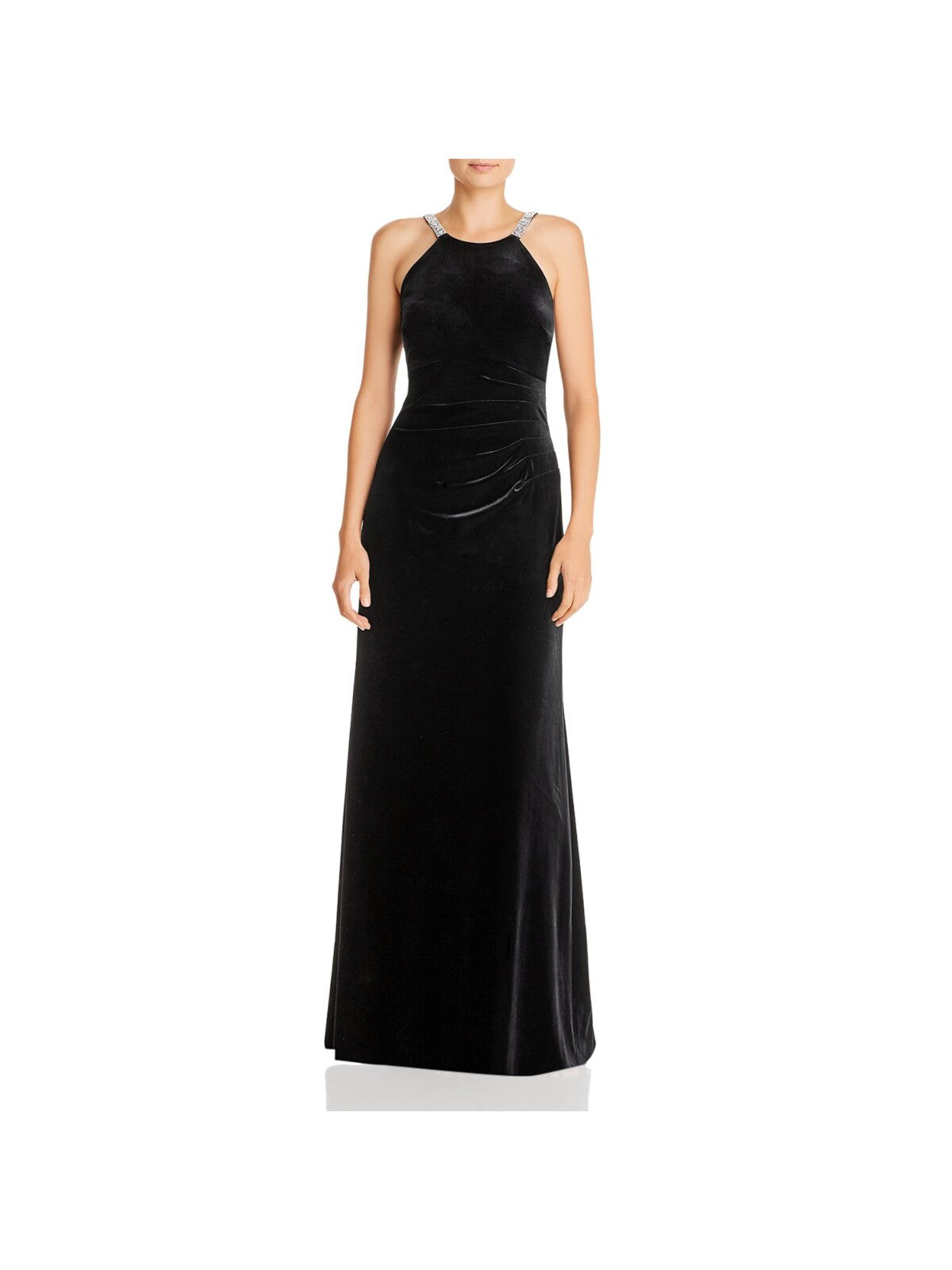 AQUA FORMAL Womens Textured Zippered Rhinestone Straps Lined Pleated Sleeveless Jewel Neck Full-Length Evening Gown Dress