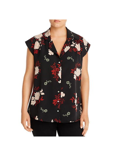 COLLECTION BY BOBEAU Womens Black Pleated Curved Hem Floral Cap Sleeve Collared Button Up Top Plus 1X