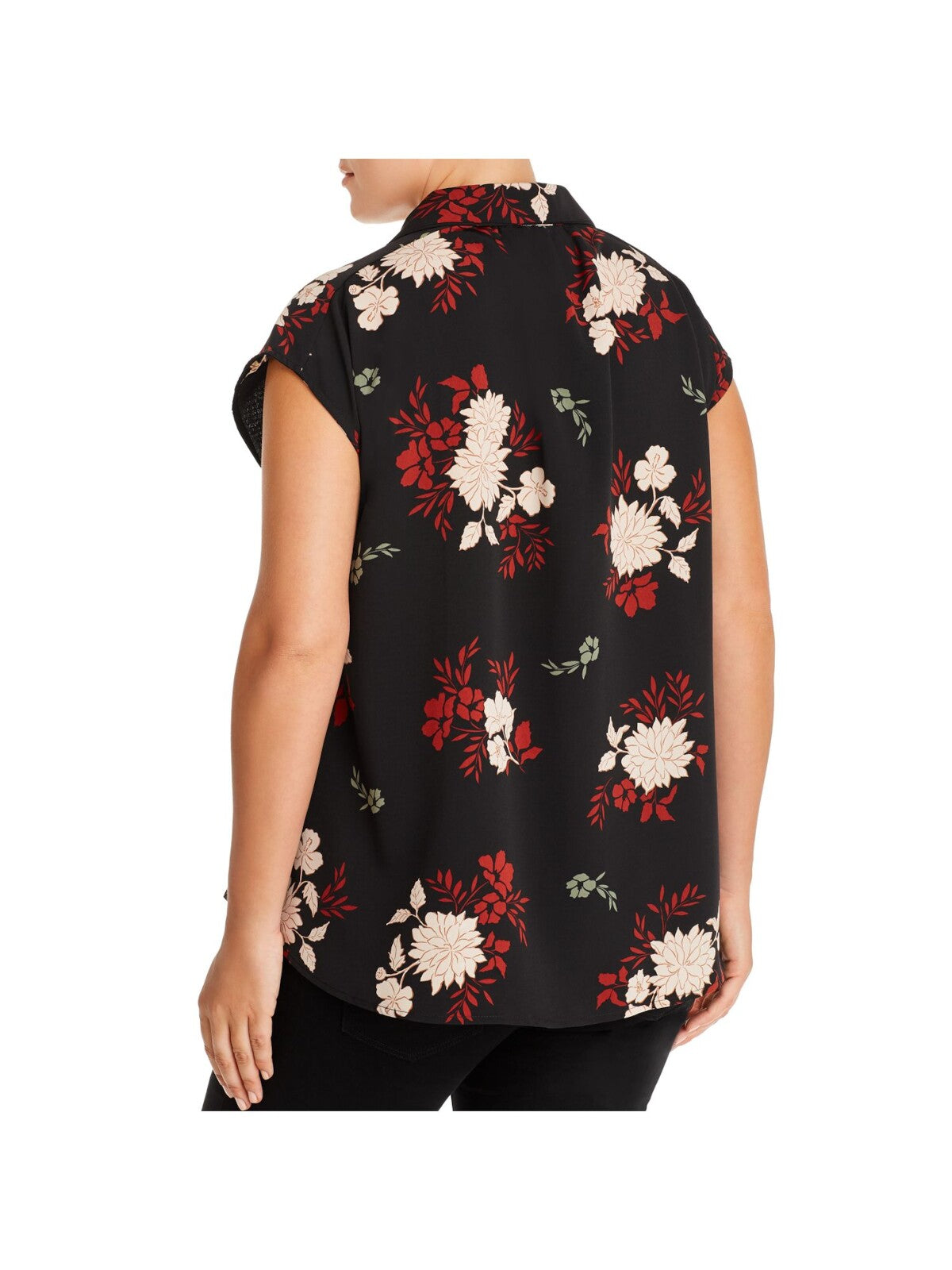 COLLECTION BY BOBEAU Womens Black Pleated Curved Hem Floral Cap Sleeve Collared Button Up Top Plus 1X