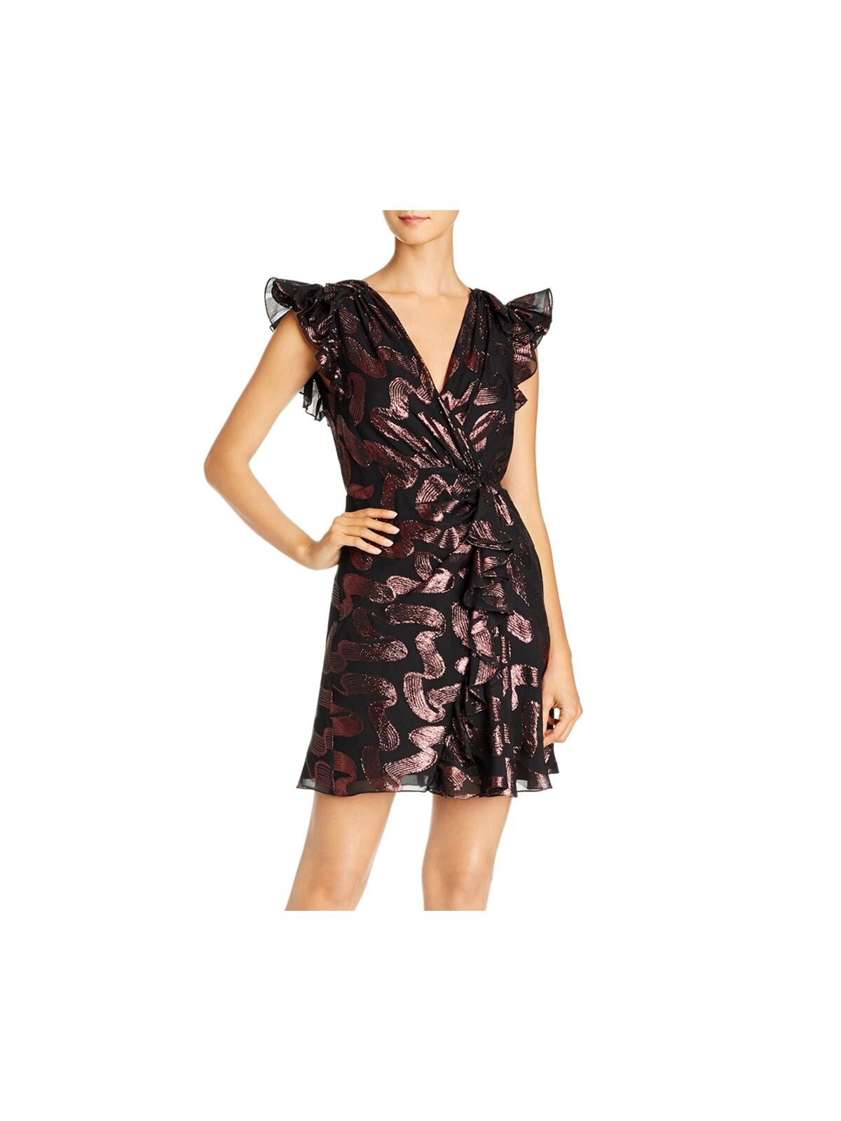 REBECCA TAYLOR Womens Black Ruffled Metallic Printed Petal Sleeve V Neck Short Cocktail Wrap Dress 0