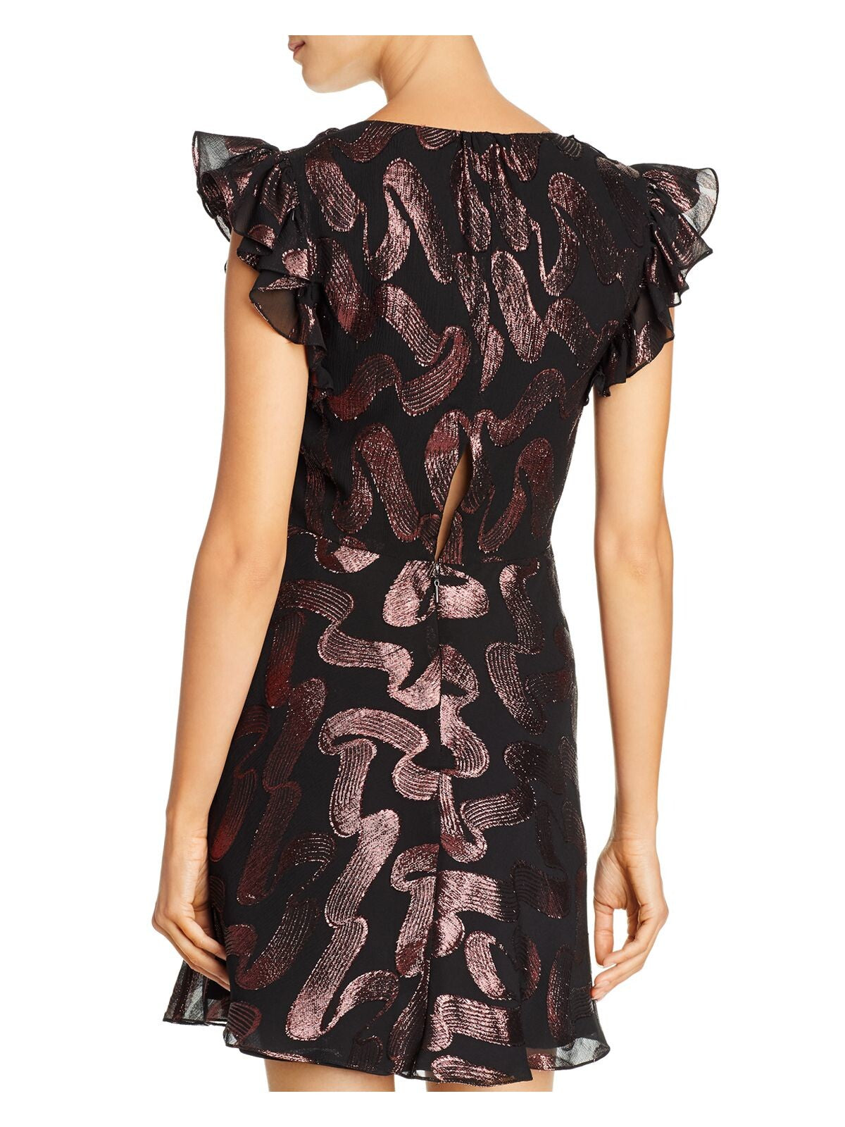 REBECCA TAYLOR Womens Black Ruffled Metallic Printed Petal Sleeve V Neck Short Cocktail Wrap Dress 0