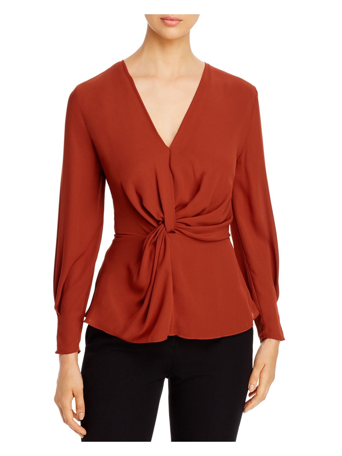 DONNA KARAN Womens Brown Long Sleeve V Neck Blouse Size: XS