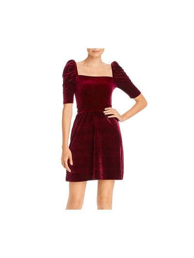 AQUA Womens Maroon Velvet Pouf Square Neck Short Cocktail Sheath Dress S