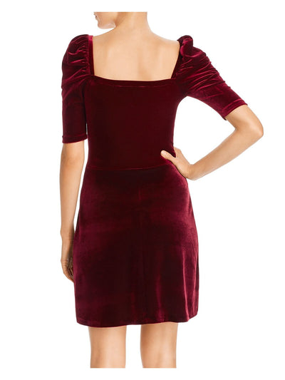 AQUA Womens Burgundy Velvet Pouf Square Neck Short Cocktail Sheath Dress M