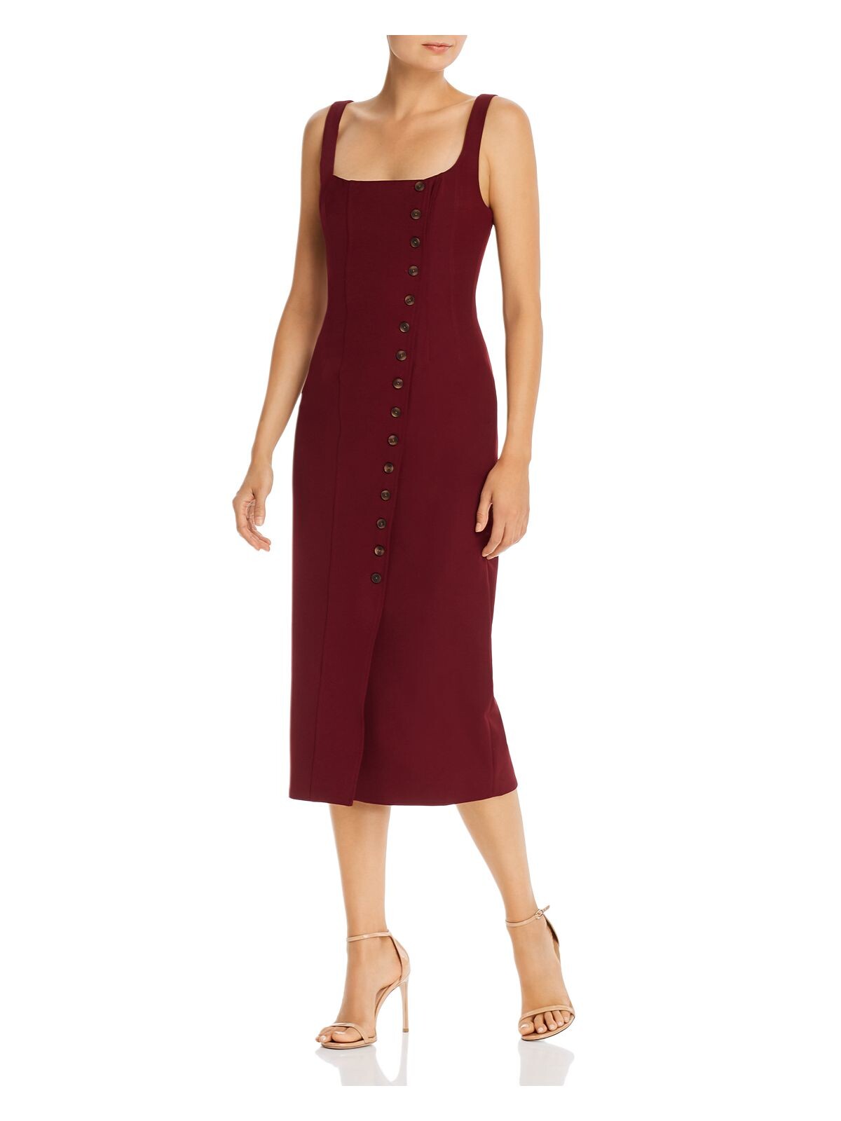 FAME AND PARTNERS Womens Burgundy Spaghetti Strap Square Neck Below The Knee Evening Sheath Dress 10