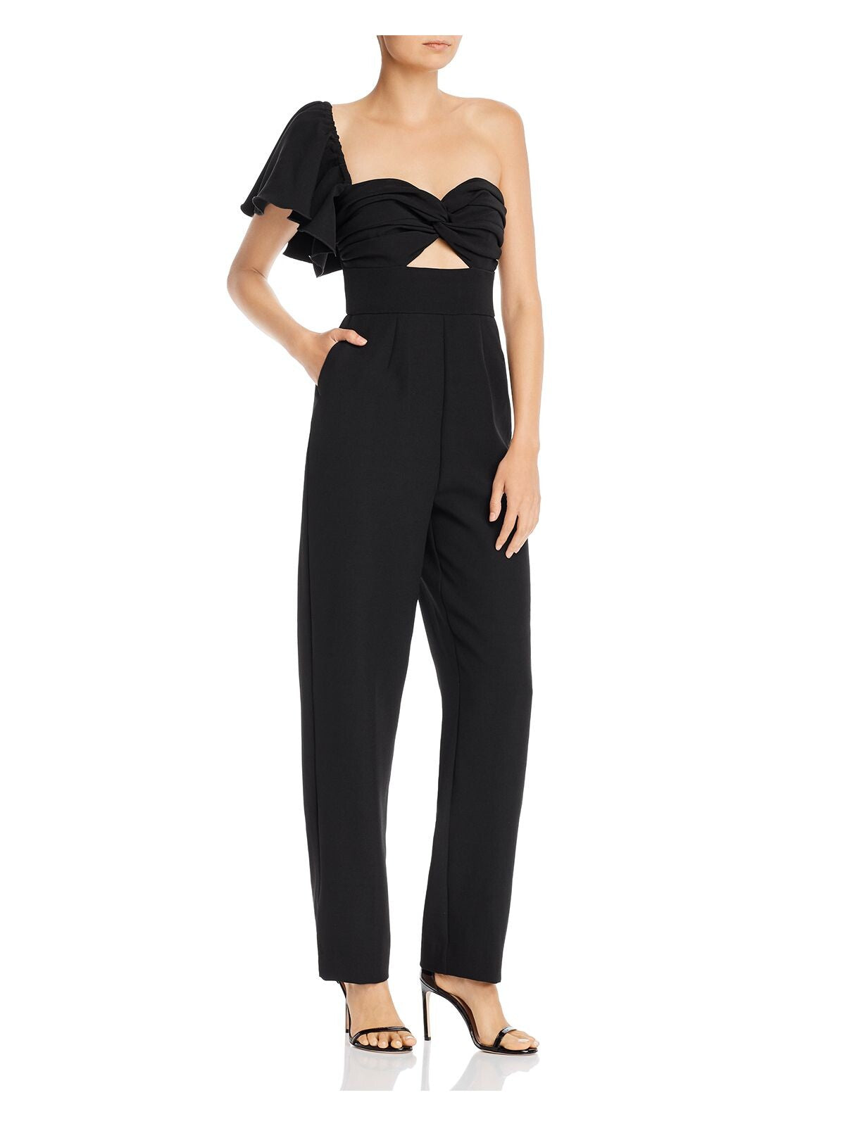 KEEPSAKE Womens Black Zippered Cut Out Twist Front Boning Flutter Sleeve Asymmetrical Neckline Evening Straight leg Jumpsuit 8