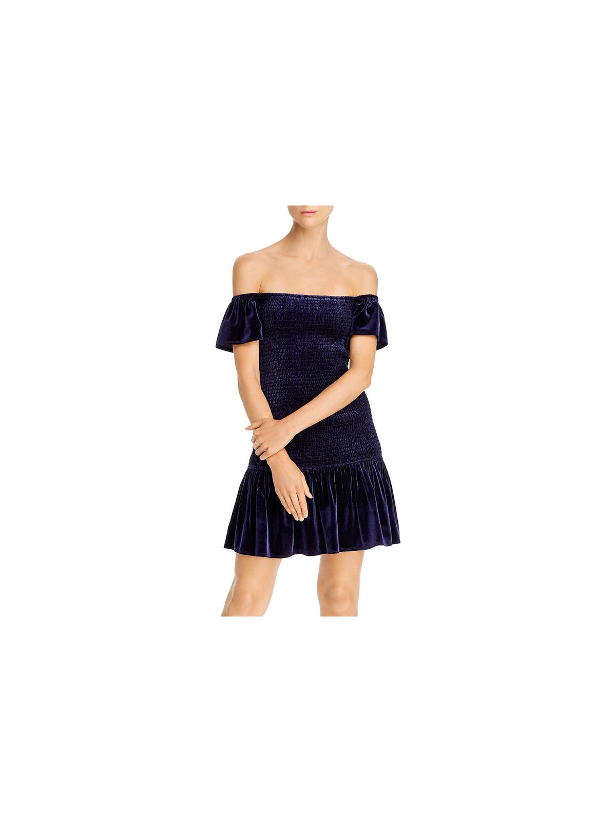 AQUA Womens Navy Off Shoulder Mini Fit + Flare Party Dress Size: S