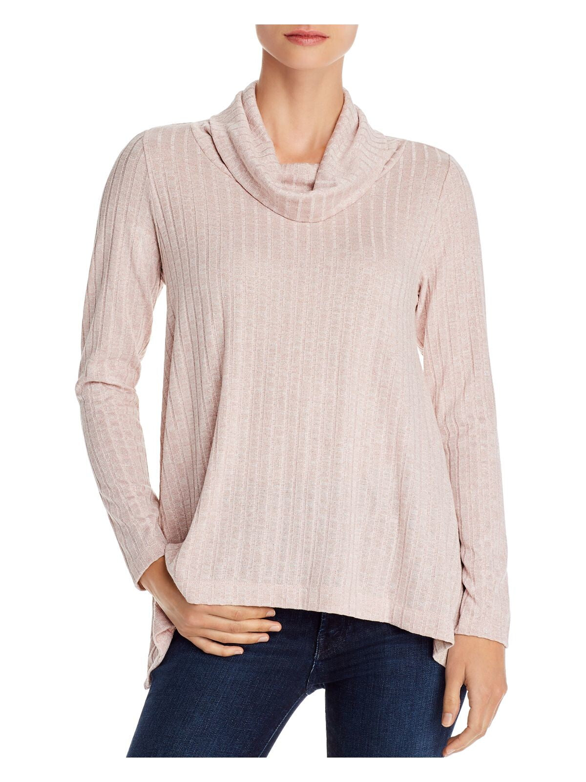 STATUS BY CHENAULT Womens Pink Stretch Metallic Ribbed Long Sleeve Cowl Neck Sweater S