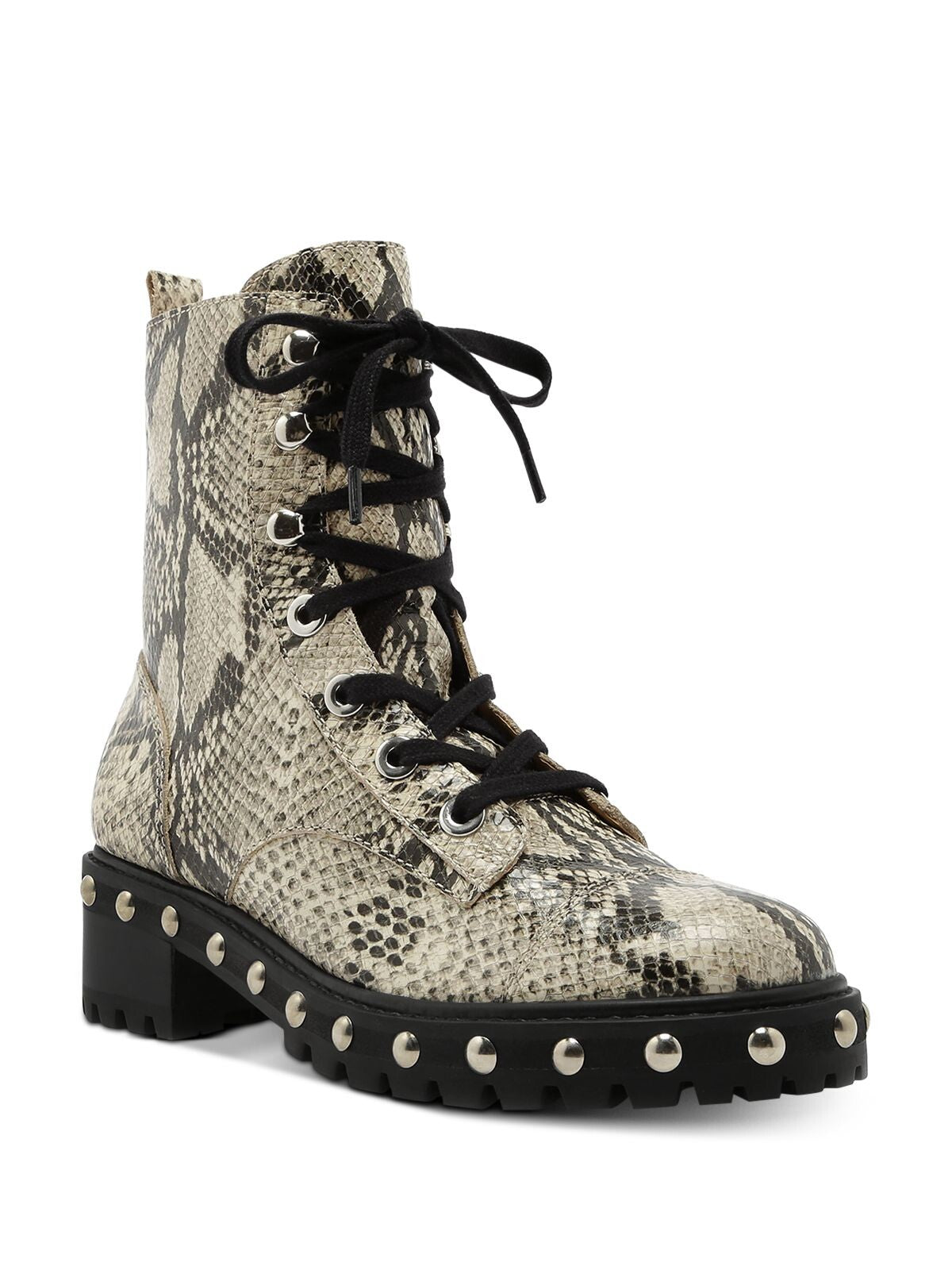 SCHUTZ Womens Beige Snake Print Lace Up Toe Cap Studded Lug Sole Andrea Round Toe Wedge Zip-Up Leather Combat Boots 7 B