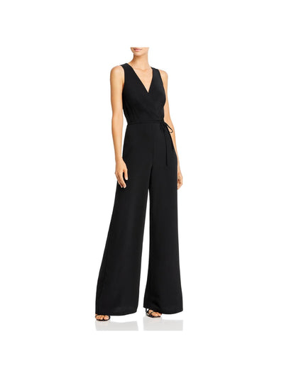 LIKELY Womens Black Zippered Pleated Tie Waist Sleeveless Surplice Neckline Evening Wide Leg Jumpsuit 0