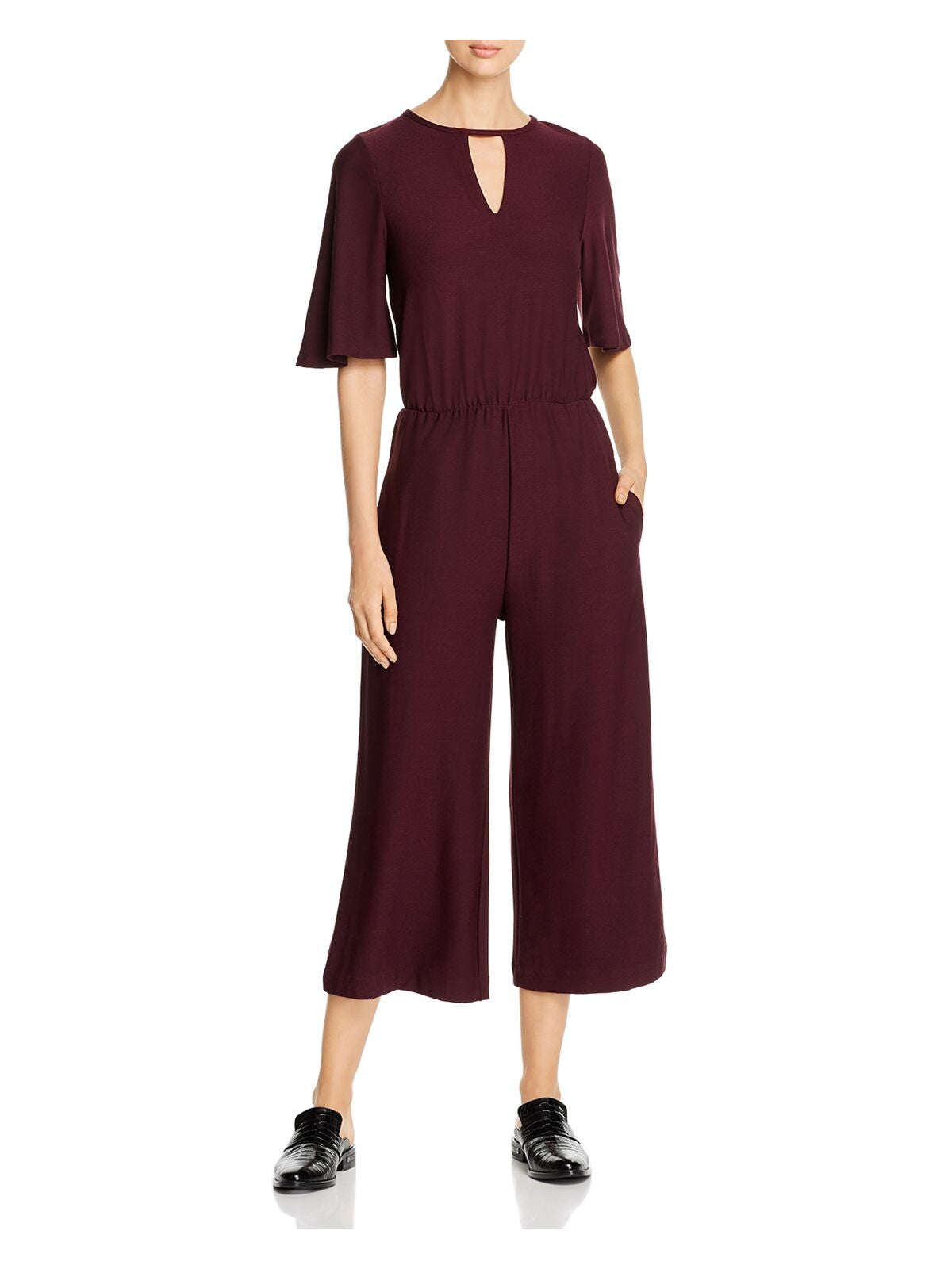 LYSSE Womens Purple Pocketed Wide-leg Elbow Sleeve Keyhole Evening Cropped Jumpsuit M