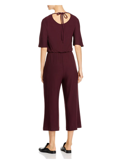 LYSSE Womens Burgundy Pocketed Wide-leg Elbow Sleeve Keyhole Evening Cropped Jumpsuit S