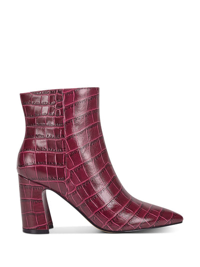 MARC FISHER Womens Burgundy Crocodile Daith Pointed Toe Block Heel Zip-Up Leather Dress Booties 8 M
