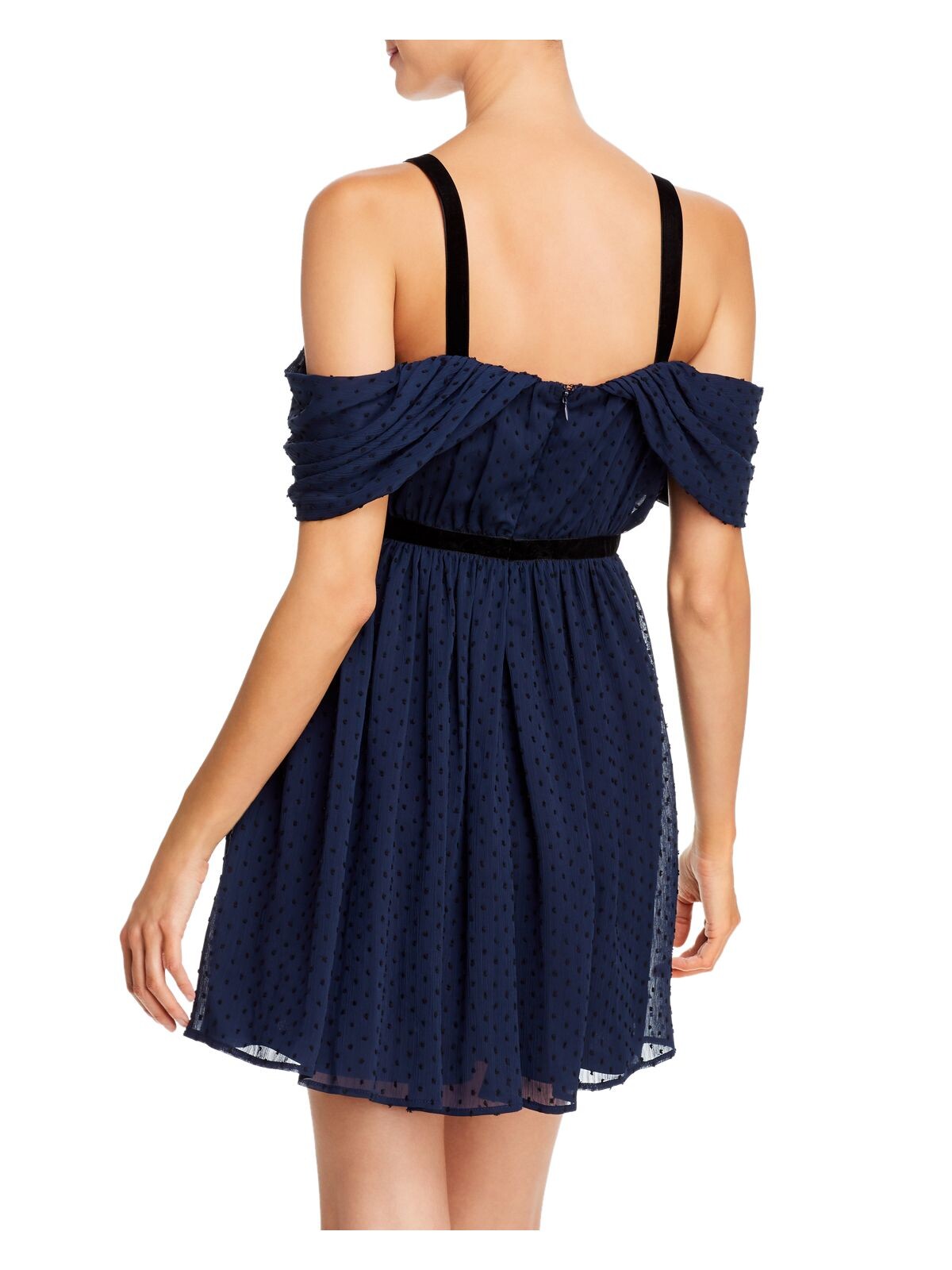 AQUA Womens Navy Cold Shoulder Polka Dot Sleeveless Off Shoulder Short Evening Fit + Flare Dress S