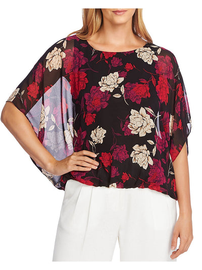 VINCE CAMUTO Womens Red Sheer Batwing Floral Round Neck Blouse XXS