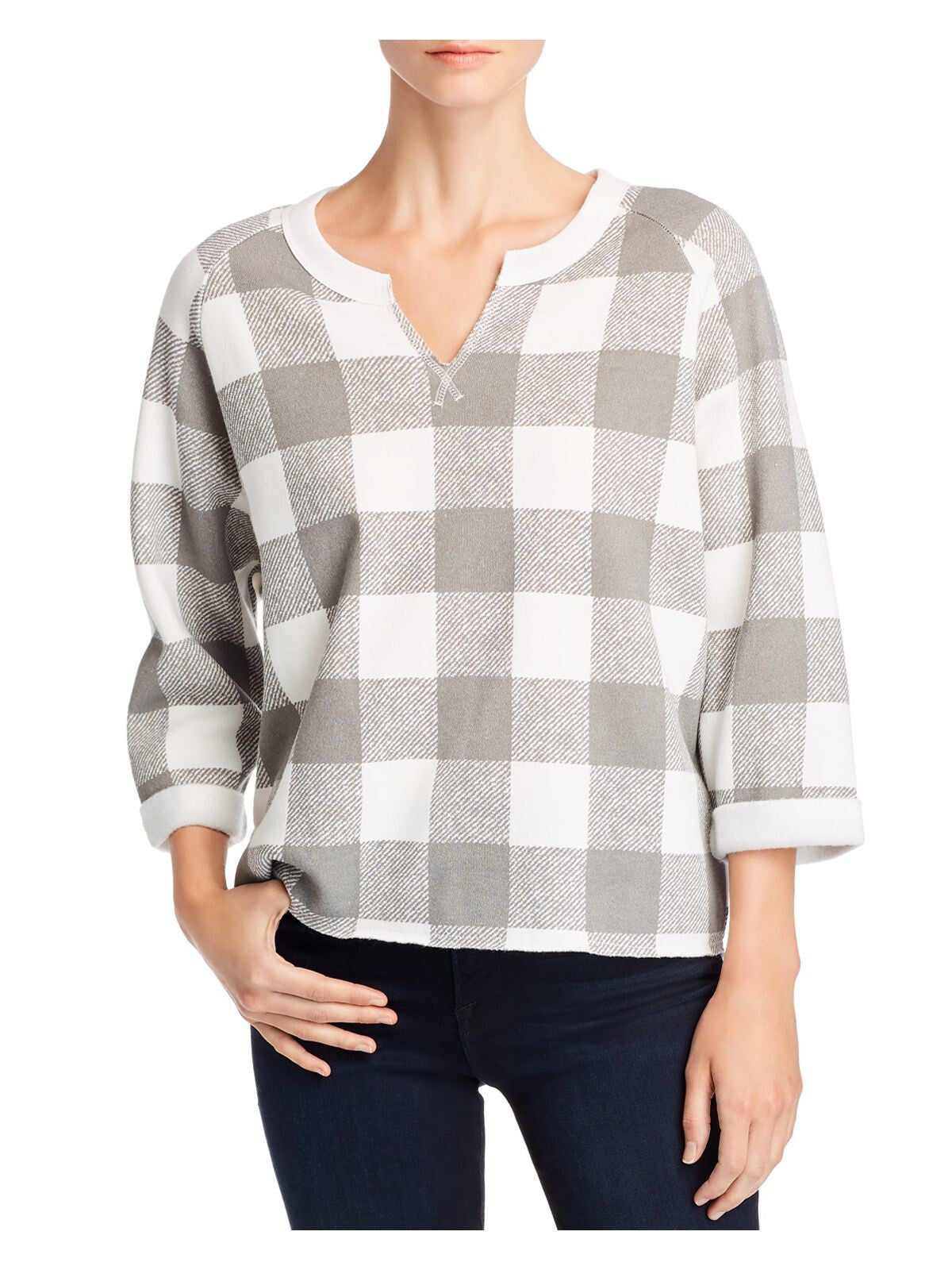 ALTERNATIVE Womens White Check 3/4 Sleeve V Neck Hi-Lo Sweater XS