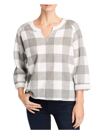 ALTERNATIVE Womens White Check 3/4 Sleeve V Neck Hi-Lo Sweater XS