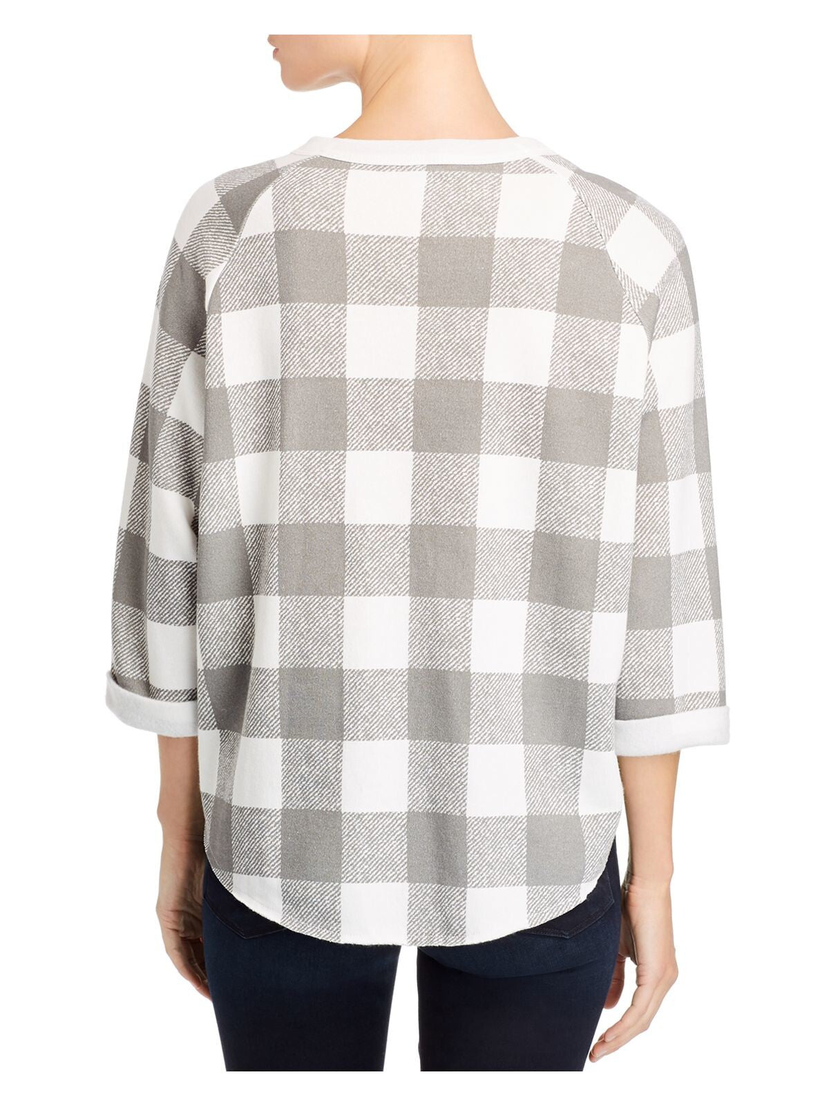 ALTERNATIVE Womens Ivory Check 3/4 Sleeve V Neck Hi-Lo Sweater M