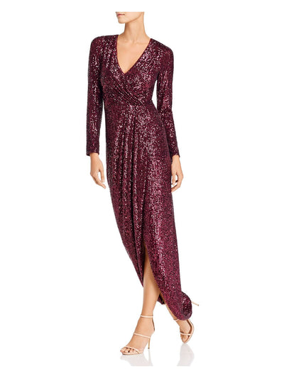 AQUA DRESSES Womens Sequined Lined Long Sleeve Surplice Neckline Full-Length Evening Faux Wrap Dress