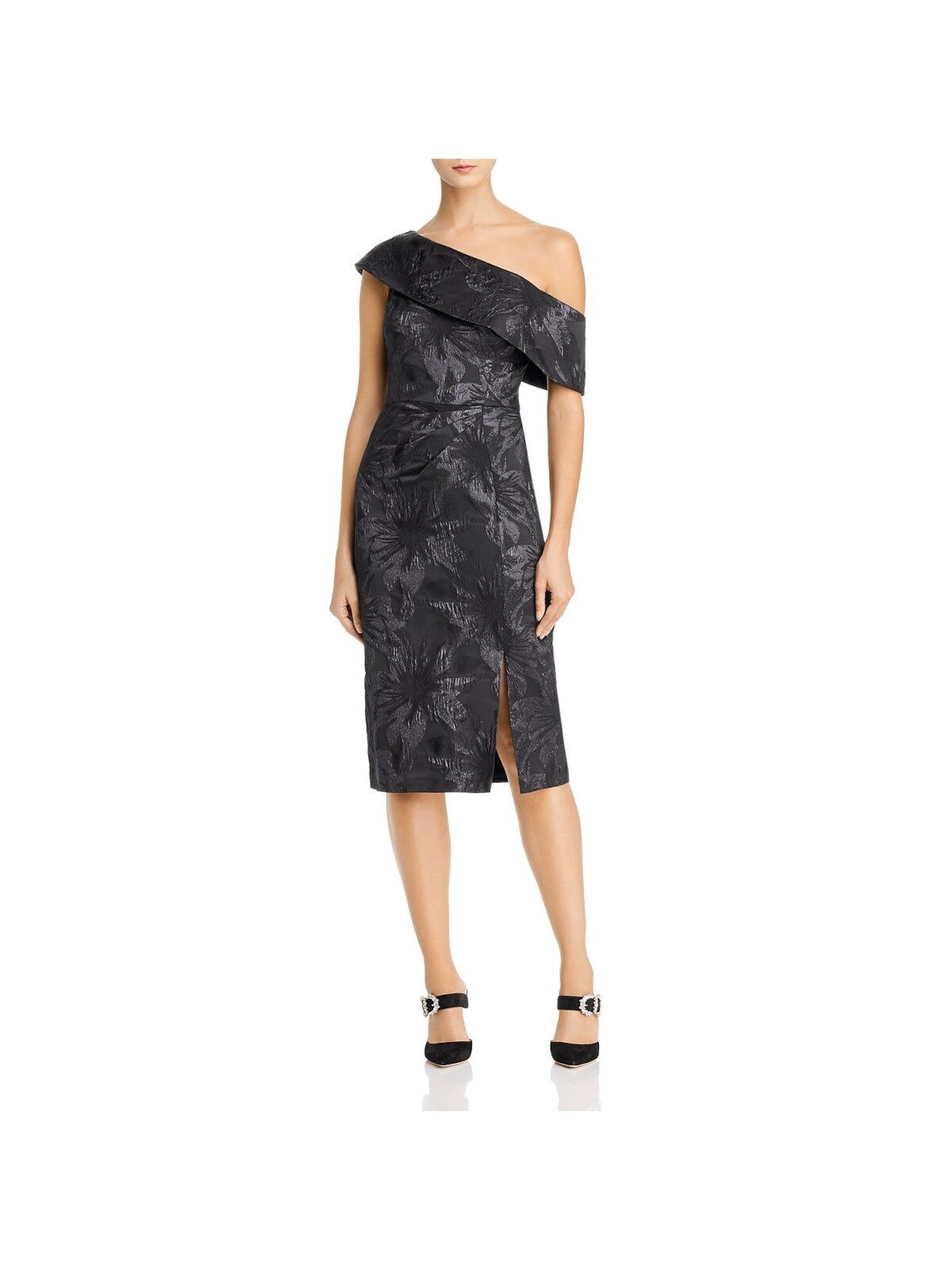 AIDAN MATTOX Womens Black Zippered Ruched Offset Front Slit Cap Sleeve Asymmetrical Neckline Knee Length Formal Sheath Dress 2