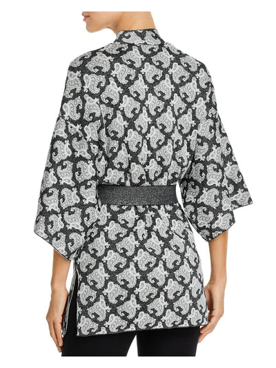 KOBI HALPERIN Womens Gray Belted Metallic Side Slits Wrap Printed Kimono Sleeve Open Front Evening Kimono Sweater XS