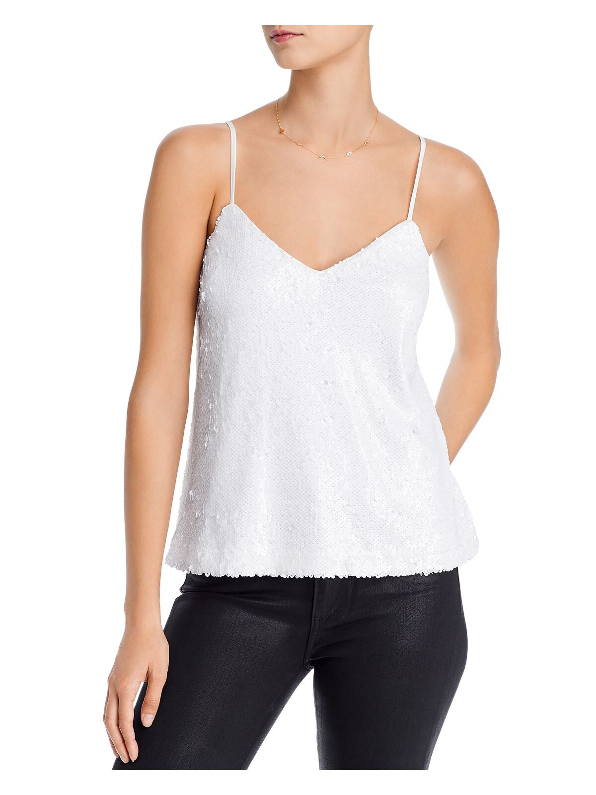 AQUA Womens White Sequined Spaghetti Strap V Neck Evening Top XS