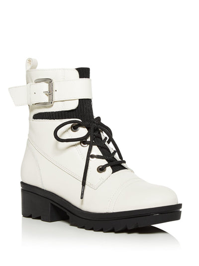 MARC FISHER LTD Womens Ivory Lace-Up Stretch 1" Platform Buckle Accent Treaded Bristyn Round Toe Block Heel Zip-Up Leather Combat Boots 8.5 M