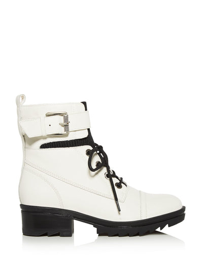 MARC FISHER LTD Womens Ivory Lace-Up Stretch 1" Platform Buckle Accent Treaded Bristyn Round Toe Block Heel Zip-Up Leather Combat Boots 8.5 M
