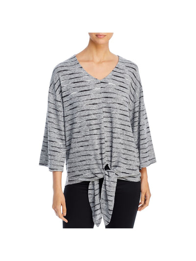 A + A COLLECTION Womens Gray Striped 3/4 Sleeve V Neck Top M