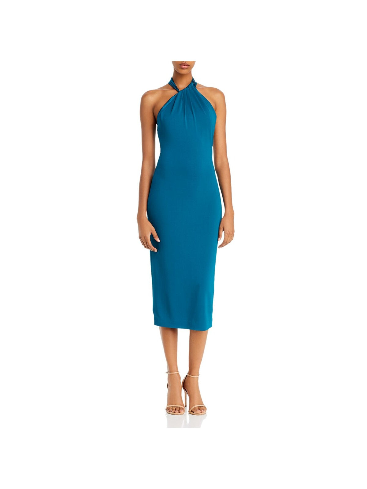 CUSHNIE Womens Teal Stretch Pleated Zippered Sleeveless Halter Midi Evening Sheath Dress 2