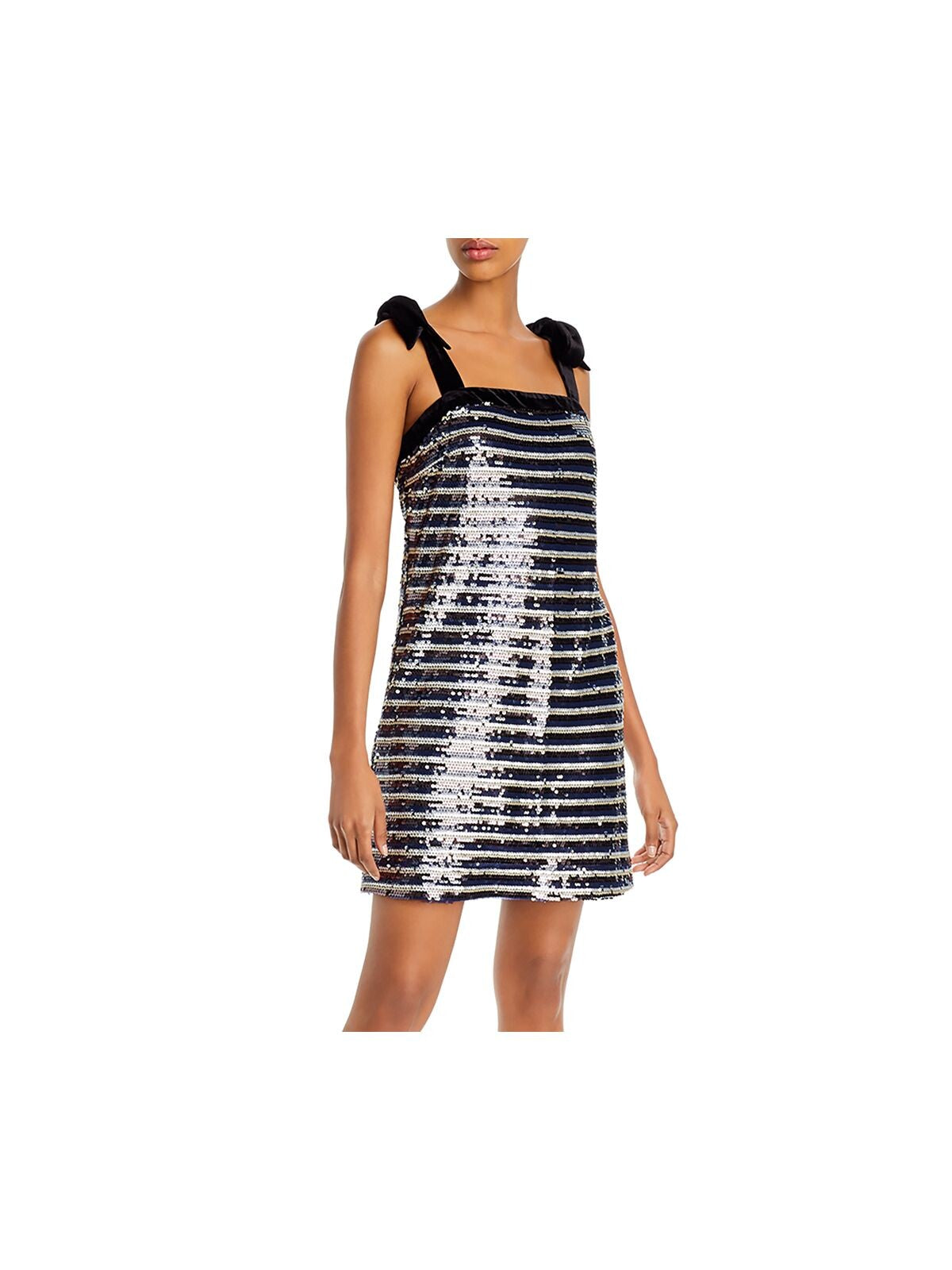 AQUA Womens Black Sequined Striped Spaghetti Strap Square Neck Short Party Shift Dress M