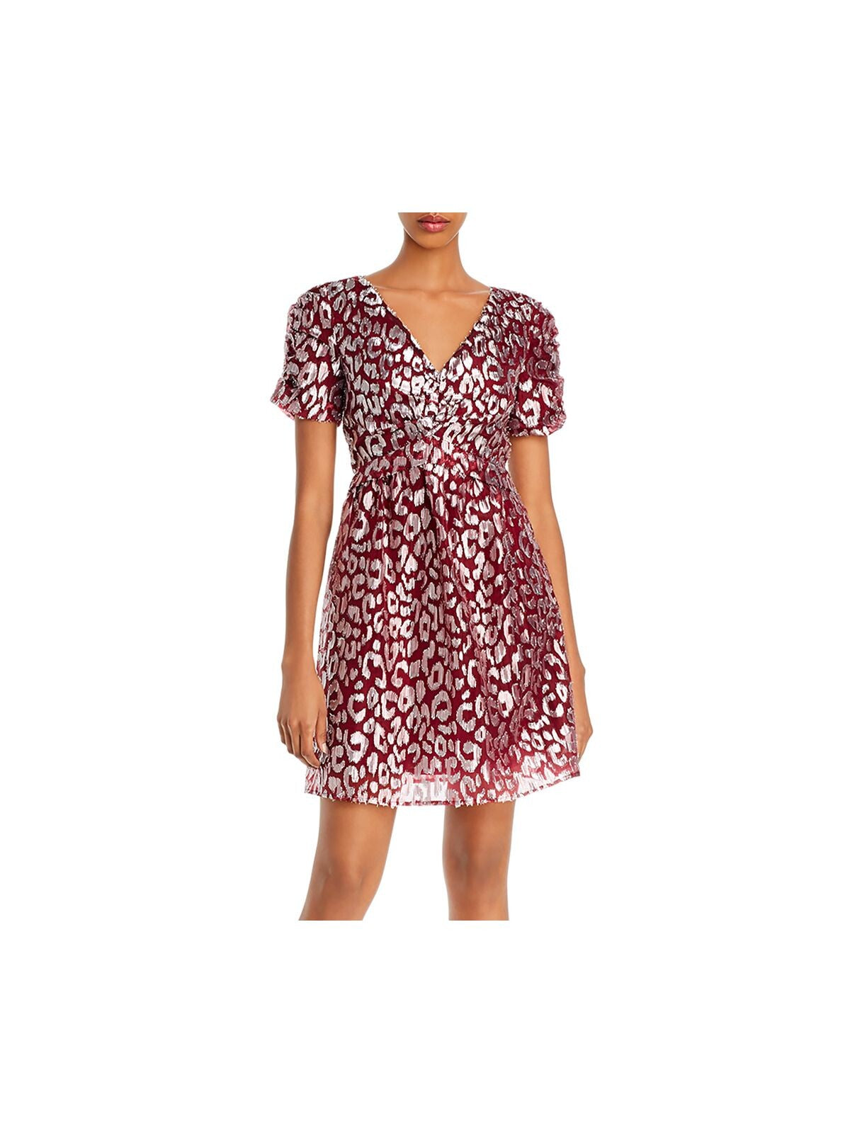 AQUA Womens Red Patterned Short Sleeve V Neck Short Party Fit + Flare Dress S