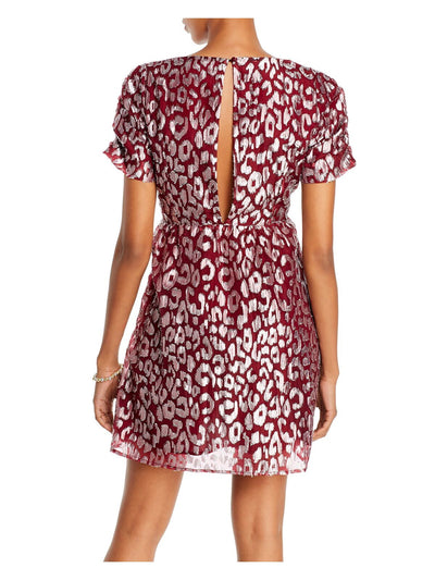 AQUA Womens Red Patterned Short Sleeve V Neck Short Party Fit + Flare Dress S
