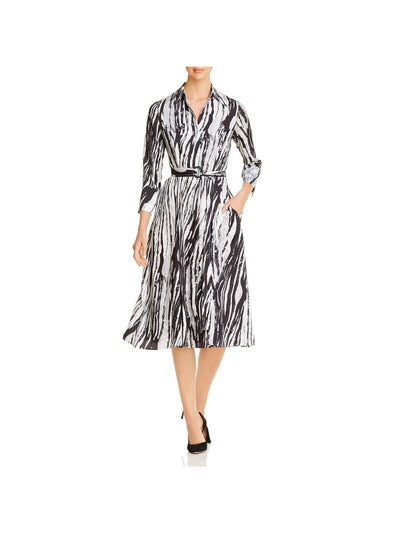 HUGO BOSS Womens Black Belted Animal Print 3/4 Sleeve Knee Length Wear To Work Shirt Dress 10