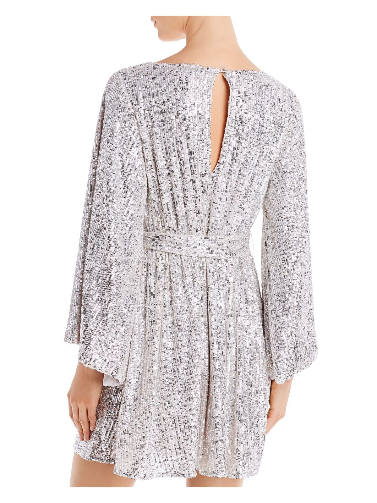 JAY GODFREY Womens Silver Sequined Belted Back Button Keyhole Bell Sleeve Round Neck Short Party Shift Dress 6